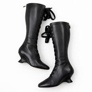 Christian Dior Naughtily D Black Leather Lace-Up Wedge Boots Womens Size EU 38